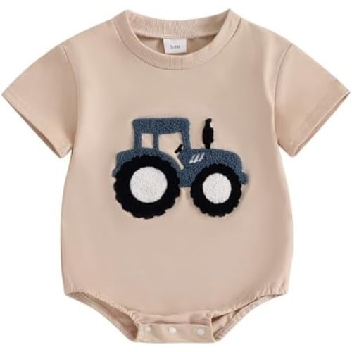 Baby Boy Summer Bubble Romper Tractor Embroidery Short Sleeve Bodysuit Infant Cute Outfit Farm Clothes