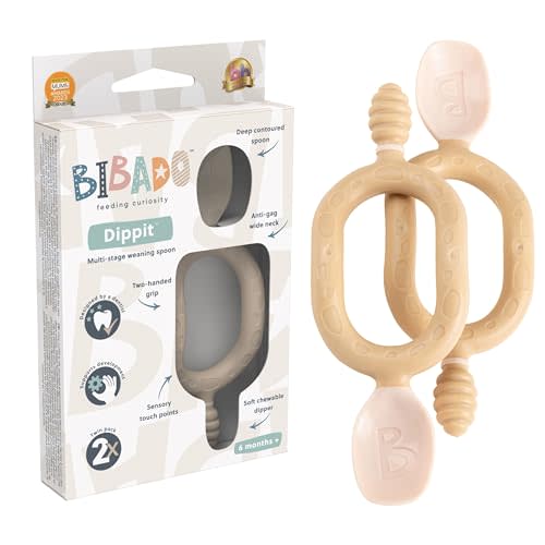Bibado - Dippit Baby Spoon and Dipper, Fawn (2-Pack) - Soft, Chewable Dipper & Deep Spoon - Two-Hand, Sensory Grip - Toddler Utensils - Baby Led Weaning Supplies - Baby Essentials - 6 Months+