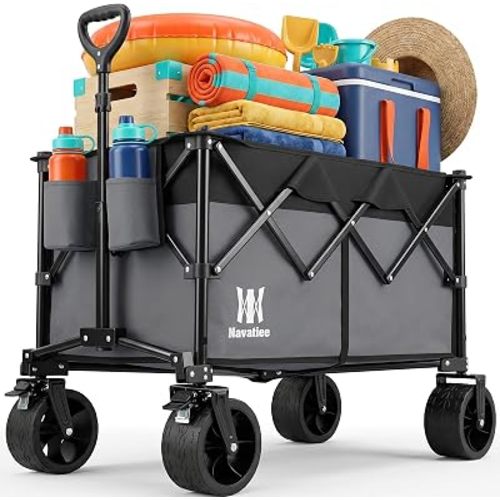 Navatiee 330Lbs Collapsible Folding Wagon, Beach Wagon Cart Heavy Duty Foldable with Big Wheels, Utility Grocery Wagon with 165L Large Capacity for Camping Garden Sports, Gray