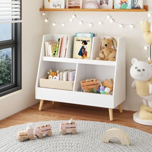 VASIP White Kids Bookshelf with 5 Cubbies, 2-Tier Wooden Toy Organizer & Book Display with Legs for Nursery