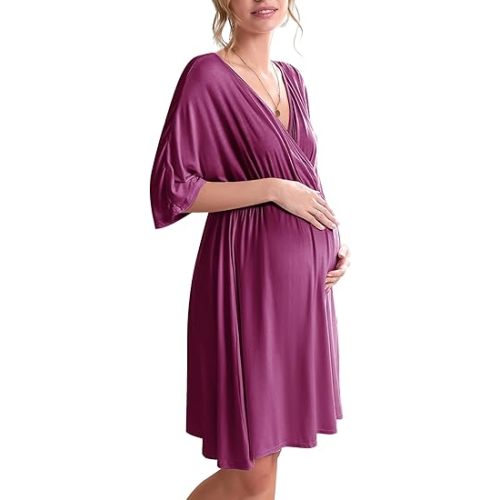 Ekouaer 3 in 1 Labor/Delivery/Hospital Gown Maternity Nursing Nightgown | Soft Fabric,High Stretchy,Split Front Flap,Elastic Waistline,Perfect for Pregnant and Postpartum in Daily,Sleeping,Hospital