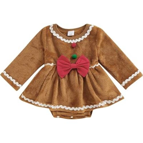 Newborn Baby Girl Christmas Clothes Gingerbread Man Costum e Fleece Romper Dress Christmas Onesie Cute Winter Outfit