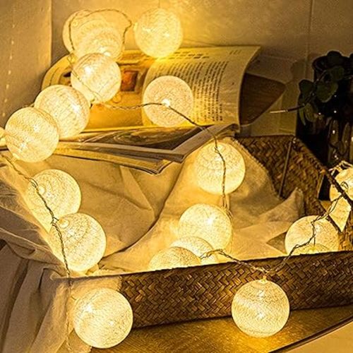 Anordsem Battery String Light Indoor: 6.88Ft/10 LED Cotton Ball Lanterns 2 Pack - Fairy Cozy Lighting Hanging Deco for Room Bedroom Party - Birthday Gifts for Babies Students Adults