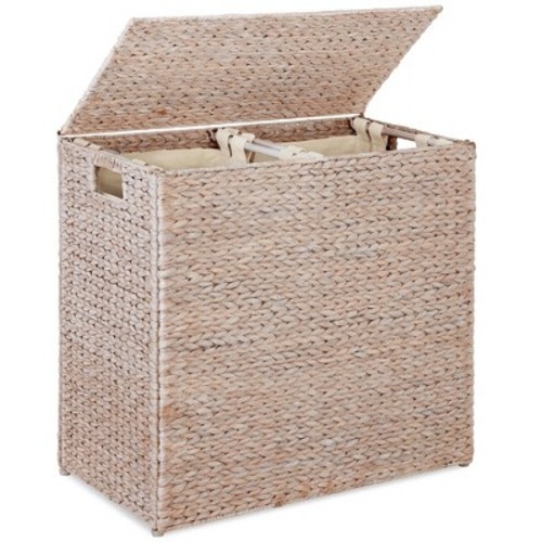 Best Choice Products Large Natural Water Hyacinth Double Laundry Hamper Basket w/ 2 Liner Bags, Handles - Whitewash
