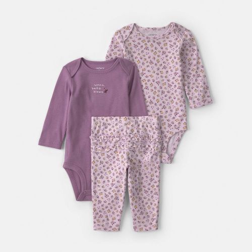 Baby Girl Carter’s 100% Cotton 3-Piece Floral Bodysuit & Pants Set