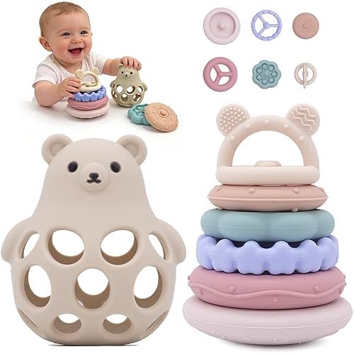 Baby Bear Teething & Stacking Toy Set - Teething Toys Silicone Teethers, Soft Baby Stacker Rings Teether, Learning Toy Gift for Boys and Girls 6+ Months (Beige)