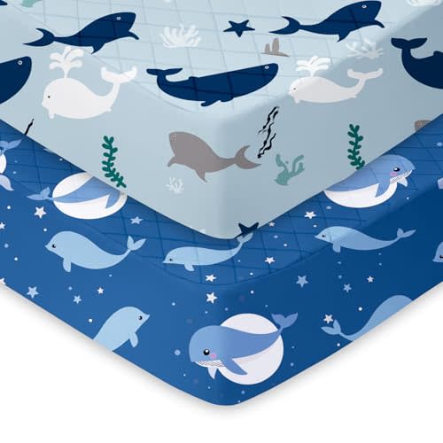 TotChill Light Quilted Crib Sheets 2 Pack, Soft Fitted Sheets for Standard Crib and Toddler Mattresses, Ocean Whale