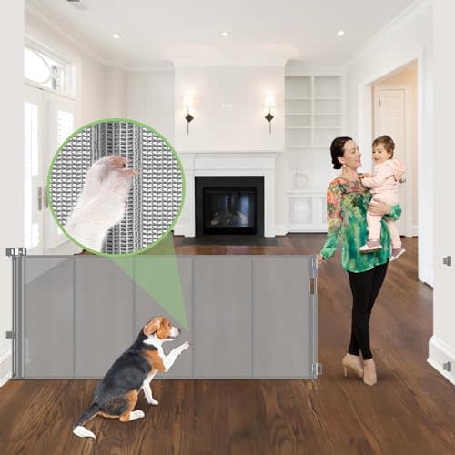 96 Inch Wide Reinforced Retractable Dog Gate with Support Rods - Prevent Crawling Under, Extra Long Retractable Baby Gate Large Dog Gate Indoor/Outdoor Retractable Pet Gate, Gray