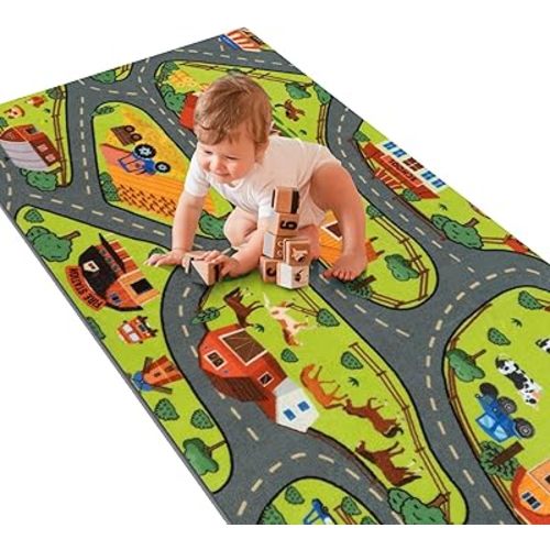 STARUIA Washable Kids Carpet Playmat Rug for Boys Room, 79"x39" Large Toddler Car Rug for Kids Toy Cars, Fun Learning Farm Play Mat Road Rugs for Kids Room Bedroom Playroom