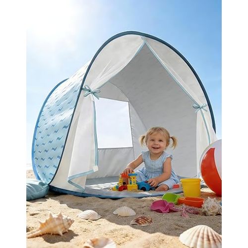 Baby Beach Tent, 2026 Upgrade Pop Up UPF 50+ UV Protection Sun Shelter Canopy with Mosquito Net Portable Outdoor Shade Summer Essentials for Babies & Toddlers- Blue