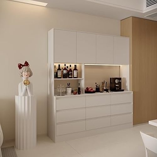 78x71 LED Kitchen Pantry Cabinets with Microwave Stand,Socket,Large/Tall Kitchen Storage Cabinet with 6 Compartments and 9 Drawers,Duitable for Restaurants,Kitchens