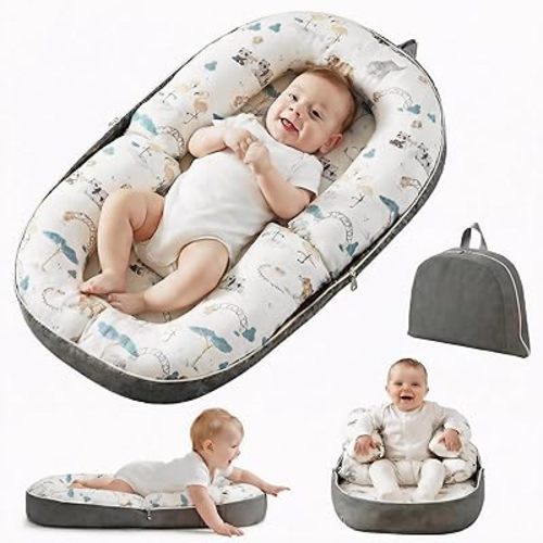 Baby Lounger for Newborn, 0-12 Months, Portable Infant Lounger Pillow with Adjustable Support, Soft Breathable Cover, Folds Into Backpack for Travel, Ideal for Home & Outdoor Use - White