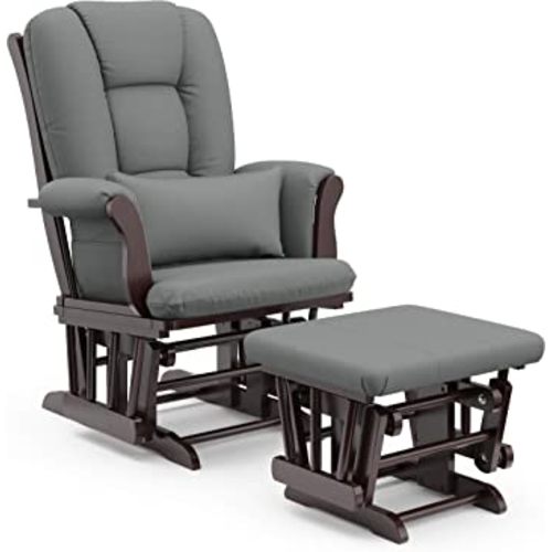 Storkcraft Tuscany Custom Glider and Ottoman with Free Lumbar Pillow (Espresso/Grey) - Cleanable Upholstered Comfort Rocking Nursery Chair with Ottoman