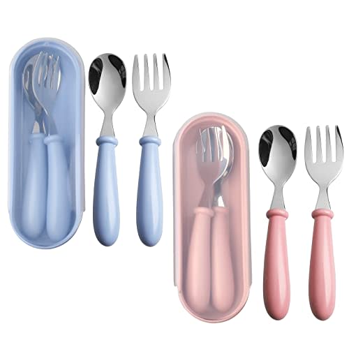 4 Pcs Toddler Fork and Spoon Set with Case, Stainless Steel, Blue Pink | 304 stainless steel and ABS, easy-grip handles, travel storage case, sized for toddlers, 2 fork and spoon sets