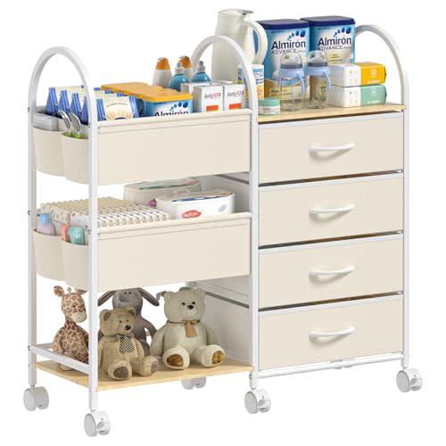 Baby Organizer and Storage Cart, 4-Tier Rolling Utility Cart with Wheels, Dividers and Drawers, Easy to Assemble for Nursery, Bedroom & Changing Table, White