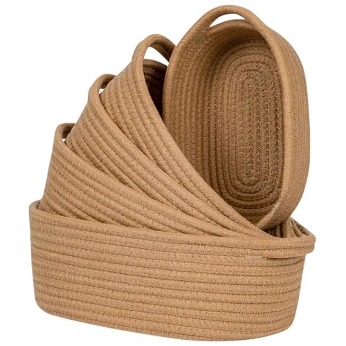 CubesLand Small Storage Basket Cotton Rope Organizer Baskets for Shelves | Set of 5 Decorative Closet Storage Bins with Handle for Countertop, Toilet Paper Basket for Toilet Tank Top, Brown Basket