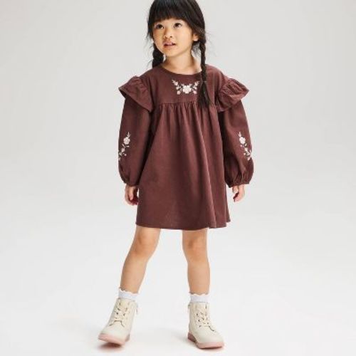 Toddler Girls' Floral Embroidered Long Sleeve Dress - Cat & Jack™ Brown 2T
