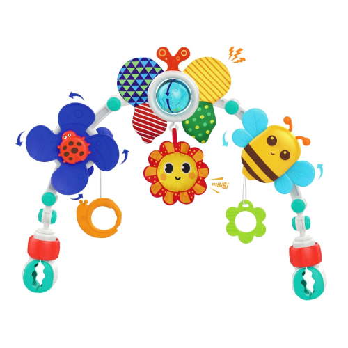 Playkidiz Baby Stroller Arch Toy, Interactive Activity Bar with Spinning Ball, Windmill, Sunflower, Adjustable Bone Joints, Teether Toys