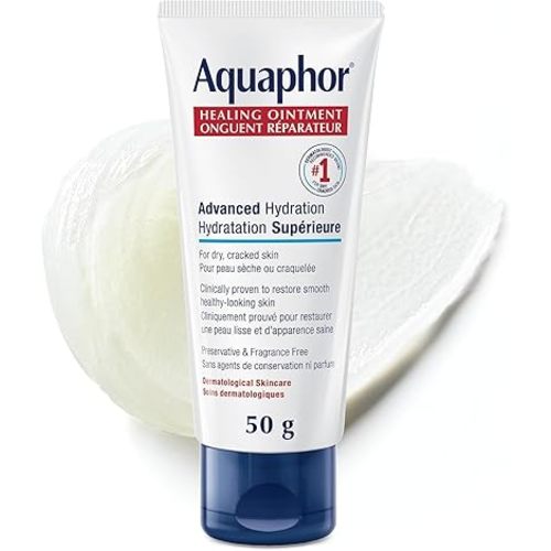 Aquaphor Healing Ointment, Multipurpose Ointment for Dry, Cracked Skin, Chafing, Cuticle Care, Fragrance Free, Non Greasy and Non Comedogenic Body Moisturizer, Dermatological Skin Care, 50g Tube