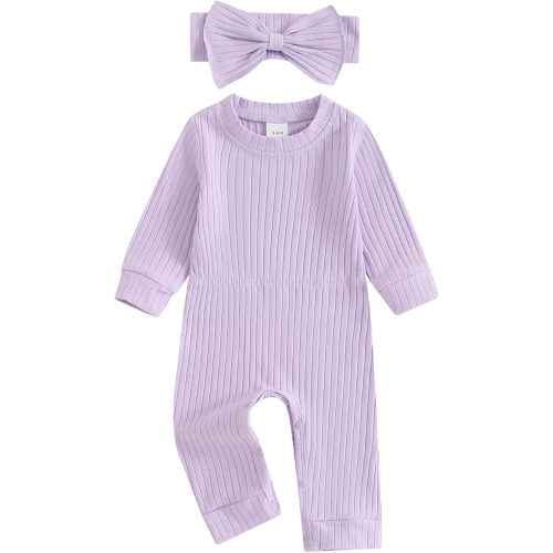 Newborn Baby Girl Fall Outfits Long Sleeve Ribbed Romper Jumpsuit with Headband Set Infant Girl Clothes