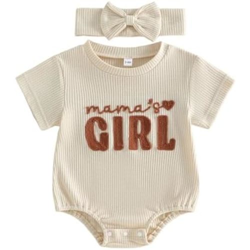Baby Girl Clothes Mamas Girl Outfit Cute Letter Embroidered Waffle Bubble Romper Onesie Tee Shirt