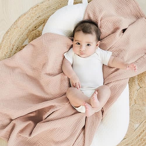 Konssy Muslin Swaddle Blankets for Boys Girls, 2 Pack Receiving Baby Blanket Large 47 x 47 inches, Soft Breathable Swaddling Wrap for Unisex Newborn (Pink, Floral)