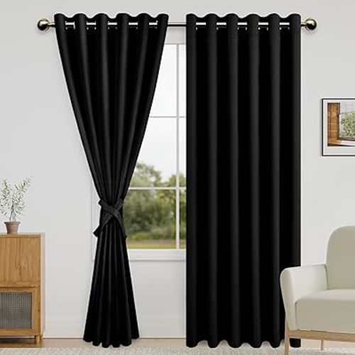 DWCN Black Blackout Curtains for Bedroom with Tiebacks - Thermal Insulated Light Blocking Grommet Window Curtains for Living Room, 70 x 84 inch Length, Set of 2 Panels
