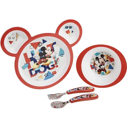 The First Years Disney Mickey Mouse Dinnerware Set - Toddler Plates and Toddler Utensils- 4 Count