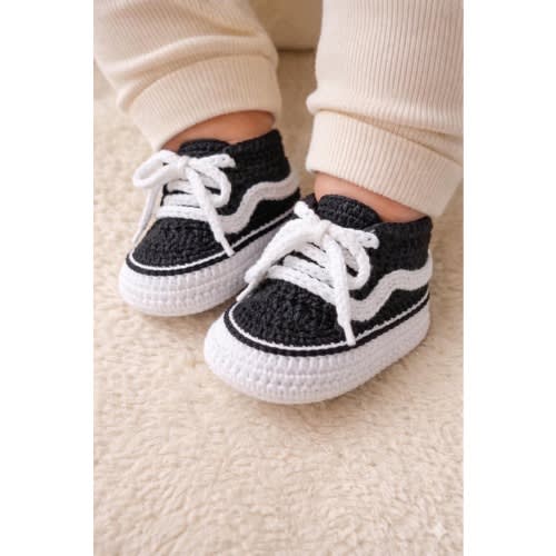 Hand-Crocheted Newborn Sneakers – Classic Skater Vans Style, Black White Baby Booties- Baby Shower Gift