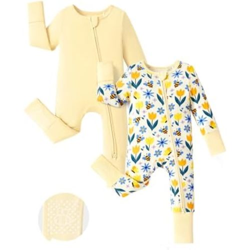PATPAT Bamboo Viscose Baby Footie 2-Pack with Anti-Slip Grips, NB-2T