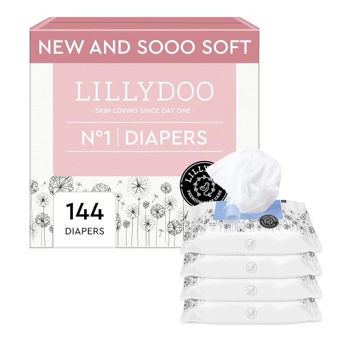 Everyday Essentials Bundle: Diapers Size 1 (144 Count) + Wipes 99% Water (288 Count), Ultra-Soft, Chlorine-Free, Oeko-TEX® Certified, Unscented