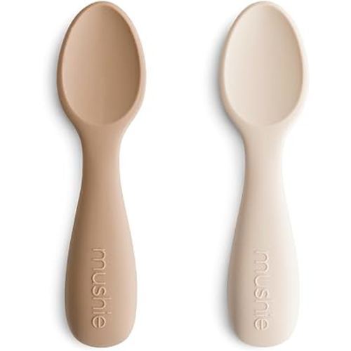 mushie Silicone Toddler Starter Spoons | 2 Pack (Natural/Shifting Sand)
