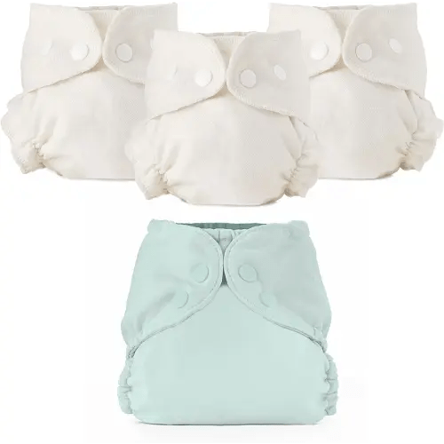 Esembly Cloth Diaper Bundle Set - 3 Organic Cotton Absorbent Inners and 1 Waterproof Outer Diaper Cover - Reusable, Washable, Snap Closure Cloth Diapers - Size 1 (7-17lbs), Mist