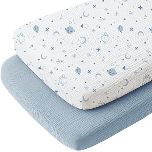 Konssy 2 Pack Muslin Bassinet Sheets for Baby Boy, 100% Cotton Soft Breathable Bassinet Mattress Sheets Fit for Hourglass Oval Cradle Rectangle Mattress (Star,Blue)