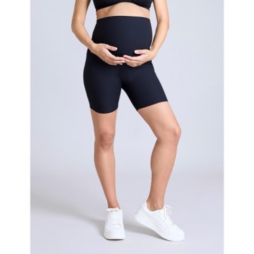 Women's Over the Belly 6 1/2" Ribbed Maternity Biker Short - Black - Size: Medium - Motherhood Maternity