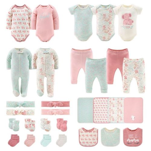 Baby Girl Layette Clothing Gift Set, 30pc - The Peanutshell® Floral Elephant, Pink Green, 0-3 Months