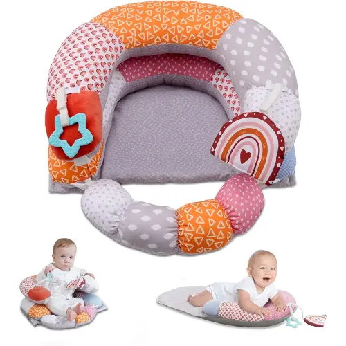 2-in-1 Tummy Time Baby Mat & Seated Support Pillow, Tummy Time Cushion with Detachable Support Prop and Toys, for Early Development Support for Newborns and Older Babies