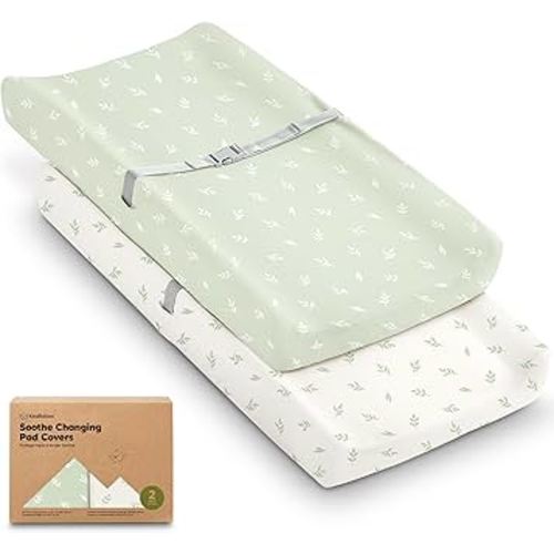 2-Pack Organic Changing Pad Covers for Girl, Boy, Neutral - 100% Cotton Changing Table Pad Cover, Soft Baby Nursery Diaper Changing Pad Sheets, Contour Changing Pads Liners, Change Pad Cover (Herb)