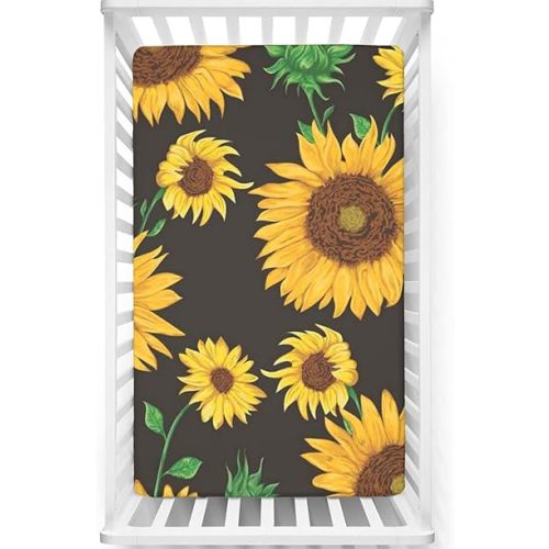 Sunflower Themed Fitted Crib Sheet,Standard Crib Mattress Fitted Sheet Soft & Stretchy Fitted Crib Sheet -Great for Boy or Girl Room or Nursery,28 x 52 Inch,Seal Brown Earth Yellow Green