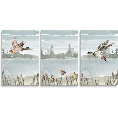 SKYSUKEY Watercolor Duck Hunting Nursery Decor, Set of 3 Mallard Duck Wall Prints, Nursery Wall Decor for Little Boys Girls Room, Rustic Outdoor Hunter Themed Decor, Framed Canvas Wall Art 12"x16"