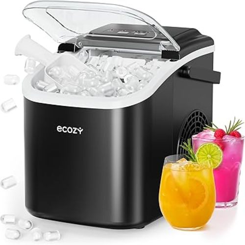 ecozy Portable Ice Makers Countertop, 8 Cubes in 6 Mins, 26lbs/Day, Bullet Ice Maker Machine with 2 Ice Sizes, Self-Cleaning Ice Maker with Carry Handle for Home/Kitchen/Party/Travel - 2026 Version