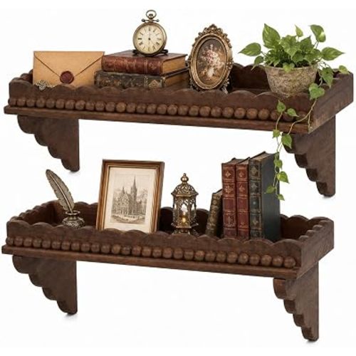 ZOCONE 2 Pcs Scalloped Wood Floating Shelves for Wall（17 in, Walnut）