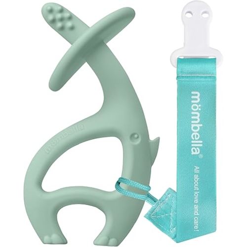 Teething Toys 3 Months Up with Clip Strap, Mombella Elephant Teethers for Babies3 Months+, Soft Silicone Infant Chew Toy, Baby Teething Relief, Ideal Newborn Gifts, Green