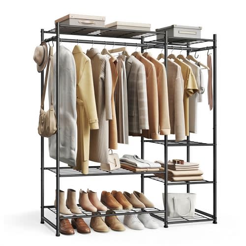 SONGMICS Portable Closet Wardrobe, Freestanding Clothing Rack | Clothing Rack with Shelves, Clothes Storage Rack, 7 Shelves, 2 Hanging Rods, Metal Frame, Black PATAYE Collection ULGR010BZ01