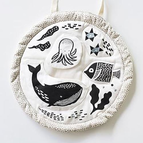 Wee Gallery Organic Ocean Activity Pad - High Contrast Tummy Time Play Mat with 6 Interactive Activities - Soft Sensory Toys for Babies - Visual & Motor Skill Development Toy