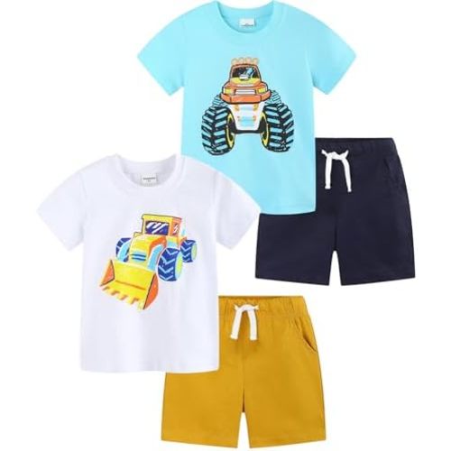 Funnymore Toddler Boy Clothes 4 Pieces Cotton Spring Summer Short Sleeve T-Shirt And Shorts Clothing Set 2-7T