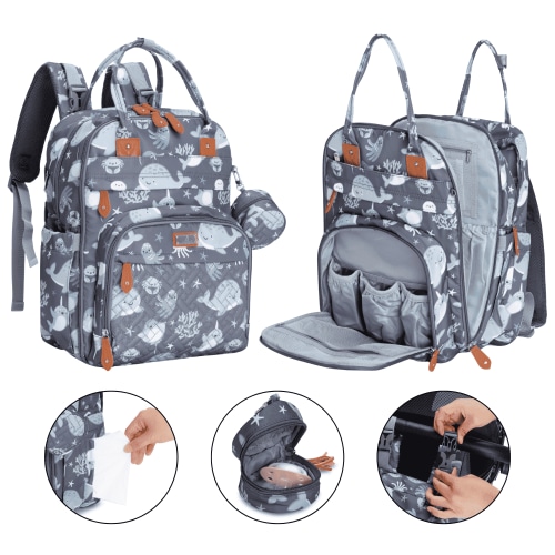 BabbleRoo Diaper Bag Backpack, Sea Animal Design, 26L Capacity, Insulated Pockets, Waterproof Fabric