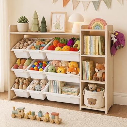 Kids Bookshelf & Toy Organizer, 3-Tier Shelf/9 Bins, Natural, Pine