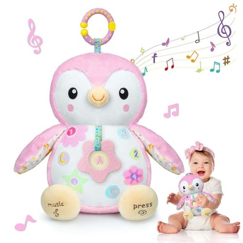 Baby Toys 0-6 Months,Musical Plush Stuffed Animal with Rattles & Crinkle Paper,Hanging Ring for Sensory Play,Tummy Time Toys for 0-12 Months Girls, Baby Girl Gift (Pink)