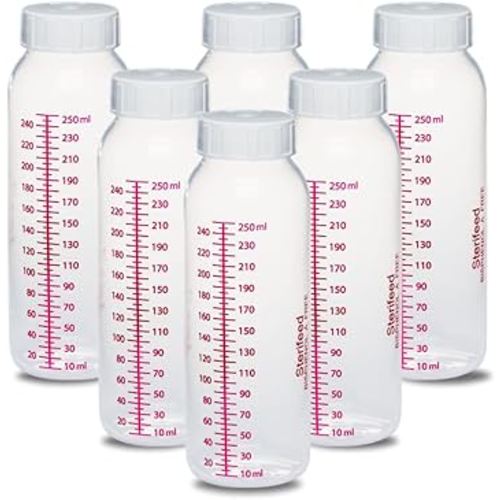STERIFEED Reusable Breast Milk Bottles (6-Pack), Each Bottle (250 mls) in tamper evident bags | Hospital Quality with Locktight Caps, Baby Milk Bottle, Sterile Ready to use